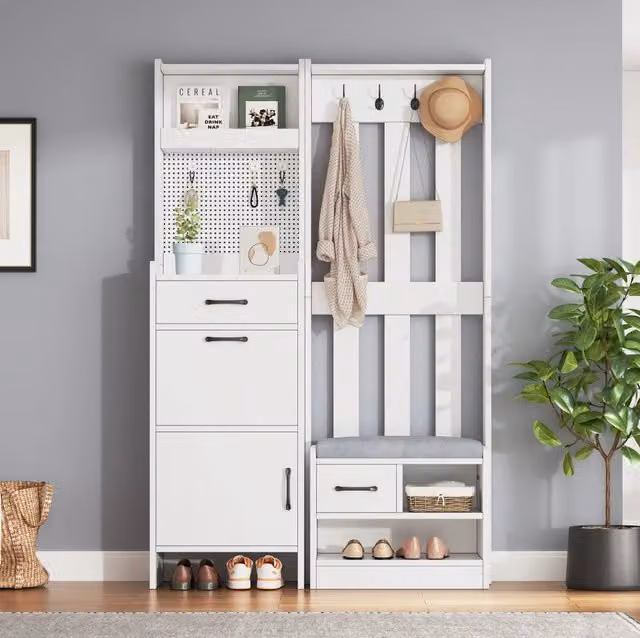 Mobile ingresso 7-in-1 con panca portascarpe; 2 cassetti; 7 ganci; pannello forato; 110 x 35 x 175;5 cm; bianco