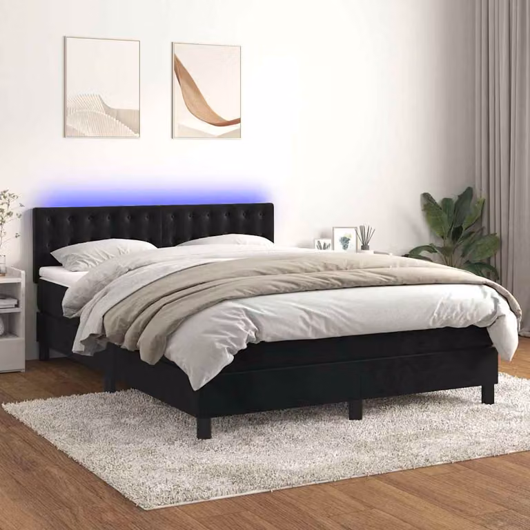 Letto Ibrido vidaXL con Materasso, Illuminazione LED e Porte USB, Rivestimento in Velluto Nero, L/P: 140 x 200 cm