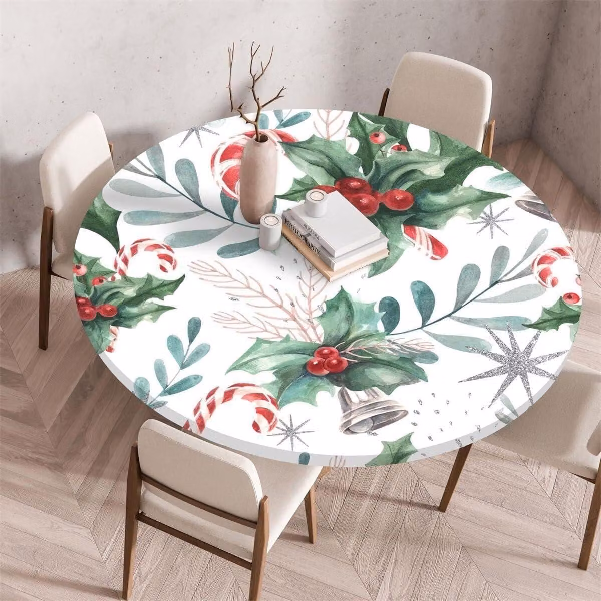 Copertura impermeabile per tavoli da esterno, con bordi elastici e motivo botanico (bianca, diametro 120 cm)
