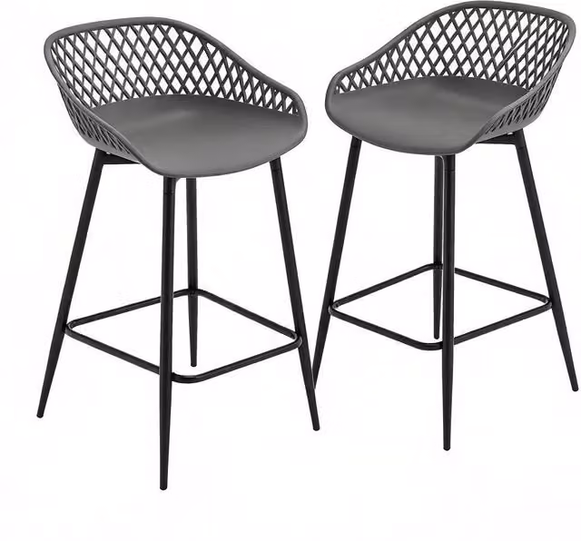 Set di 2 sgabelli da bar Chicfurn con schienale traforato, braccioli e poggiapiedi in metallo e plastica grigio opaco