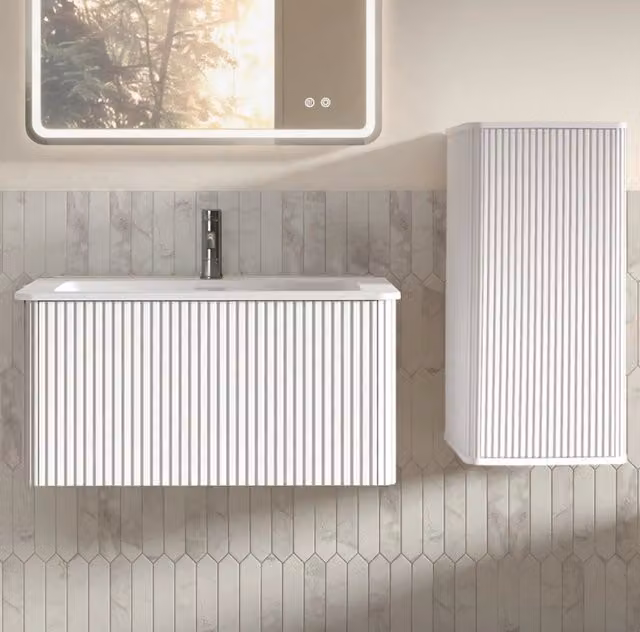 Set Mobile Bagno Sospeso con Lavabo in Pietra Acrilica, Mobile Sottolavabo e Mobile Laterale 80 cm, Bianco Opaco