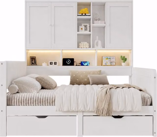Letto singolo moderno bianco con 2 cassetti, illuminazione LED, porte USB e Type-C, ripiani e testiera imbottita, L/P: 90 x 200 cm