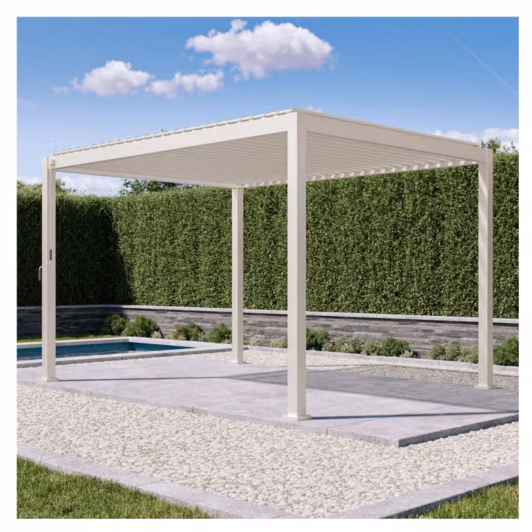 Mirador Pergola 111S, 3 x 4 metri, tettoia in lamelle d'acciaio, pilastri in alluminio, grondaia, struttura autoportante, gazebo da giardino resistente al vento (colore: latte)