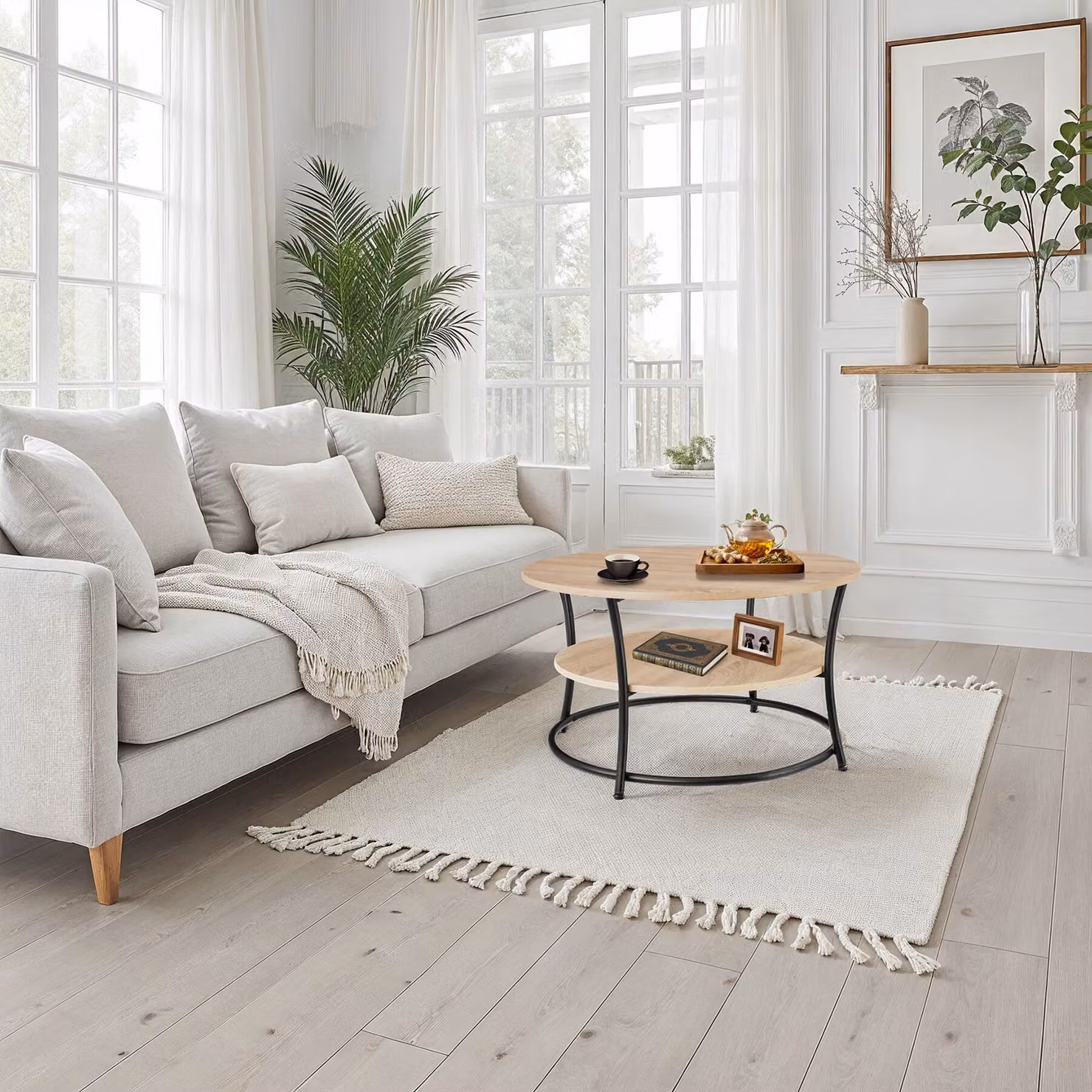 Tavolino da salotto rotondo Tectake in stile industriale con finitura rovere e struttura nera L: 80 cm, P: 46 cm – 2