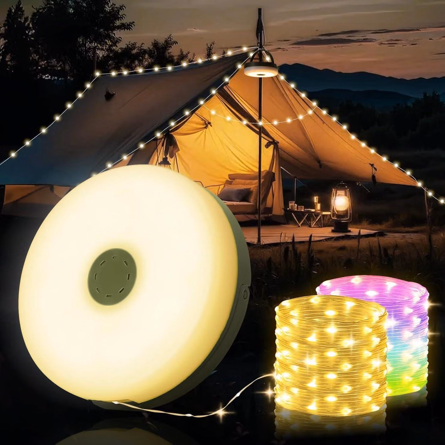 Catena luminosa a LED per campeggio, 22 metri, 9 modalità, arrotolabile, ricaricabile