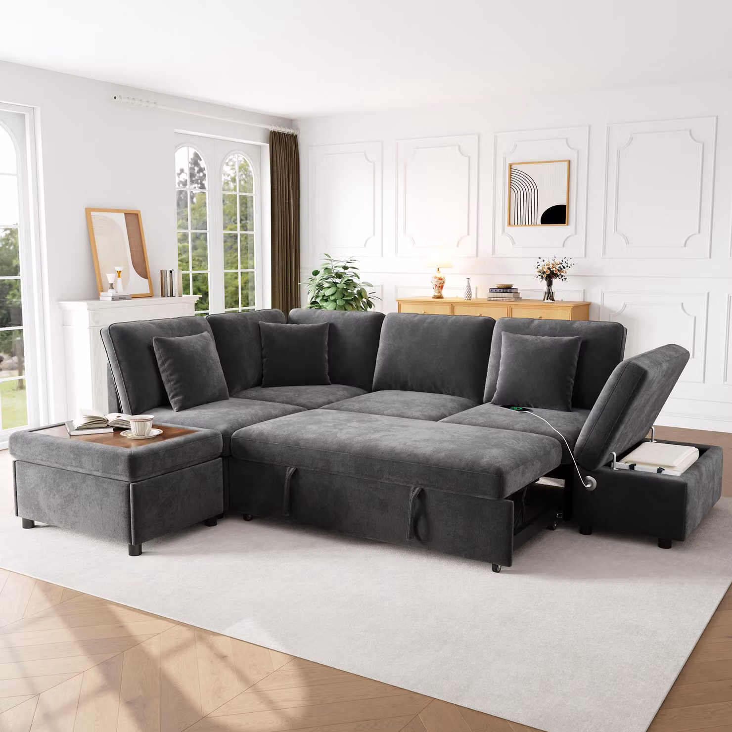 Divano modulare okwish con letto estraibile e poggiapiedi contenitore, divano angolare con prese USB e Type-C, divano classico con 3 cuscini, colore grigio