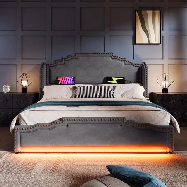 Letto imbottito contenitore 180x200 cm con 4 cassetti; LED; USB e Type-C; velluto grigio