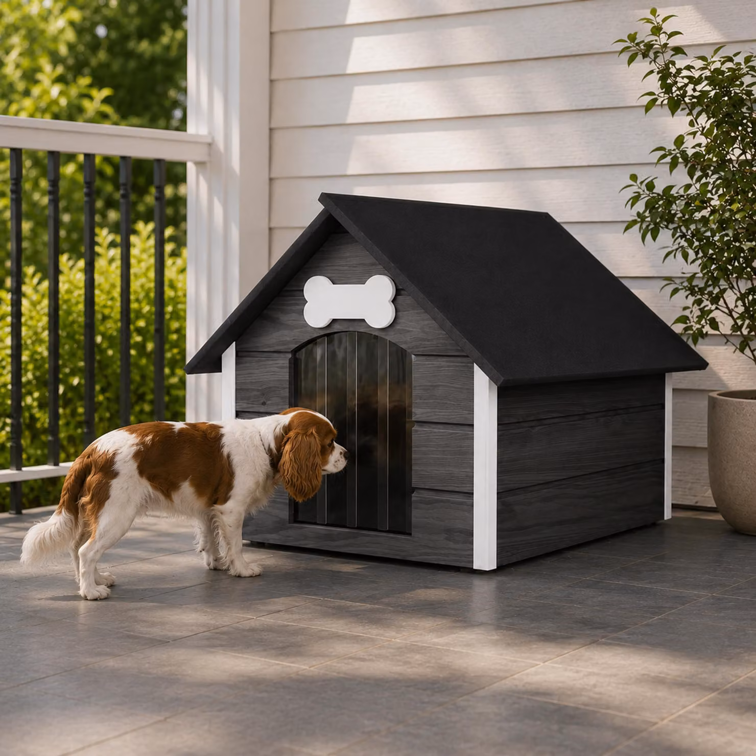 Cuccia per cani QLS, dimensioni L, 81x68 cm, isolata, in legno, per esterno, colore grigio e bianco, modello 9118
