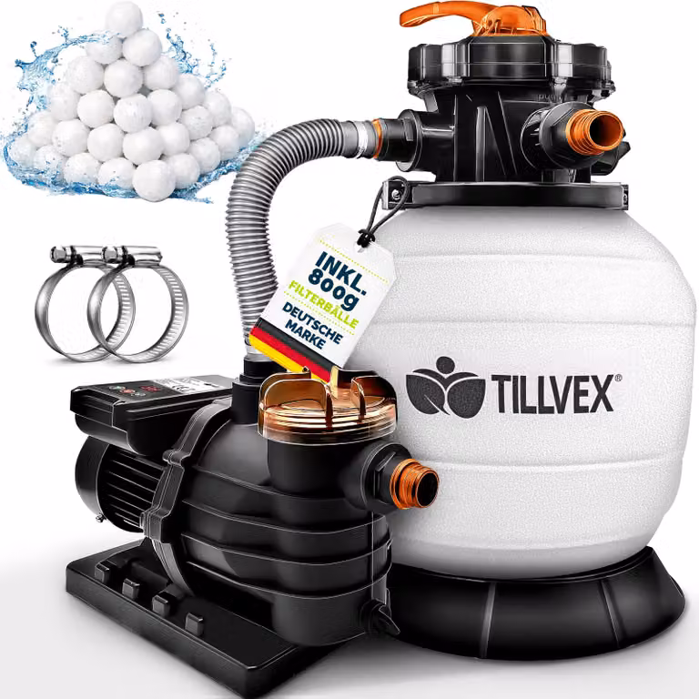 Impianto di filtrazione a sabbia Tillvex per piscina con timer 10 m³/h, incl. 800 g di sfere filtranti bianco/arancione | Impianto di filtrazione con valvola a 7 vie e adattatore 2 in 1 Ø 32 mm - 38 mm | Filtro per piscina con manometro | Filtro a sabbia