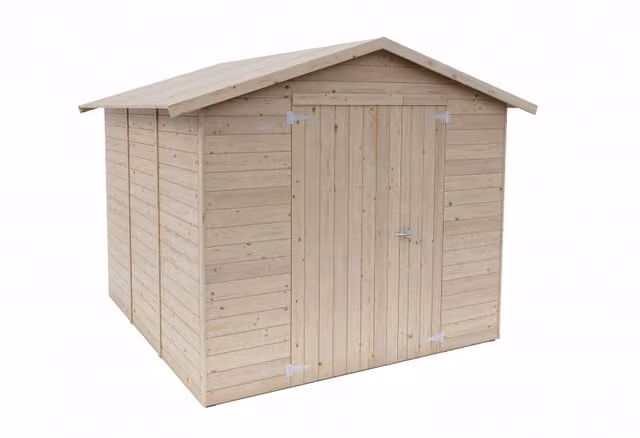 Casetta da giardino in legno Alce color beige e marrone con pareti da 19 mm e porta doppia cieca L: 238 cm, P: 220 cm, H: 238 cm