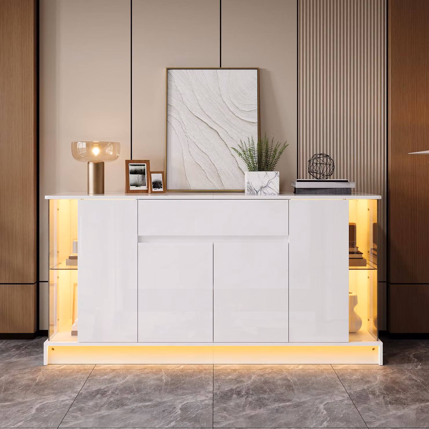 Mobile bar con ante lucide, dotato di 2 vetrine in vetro, comò con cassetto e ante, mobile contenitore con illuminazione a LED, armadio per il soggiorno, realizzato in pannello di particelle di legno, colore bianco