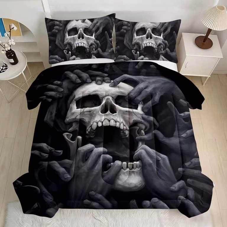 Copertura per letto 135 x 200 cm, motivo teschio, in microfibra, 2 federe 80 x 80 cm, per la camera da letto