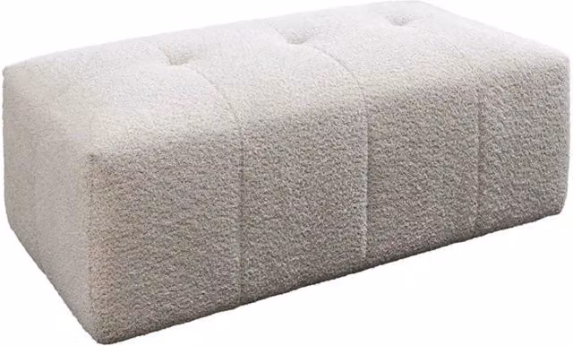 Pouf IMPERIA Meublorama bianco, pouf classico rettangolare in tessuto bouclé con struttura in legno L: 60 cm, P: 44 cm, H: 19 cm
