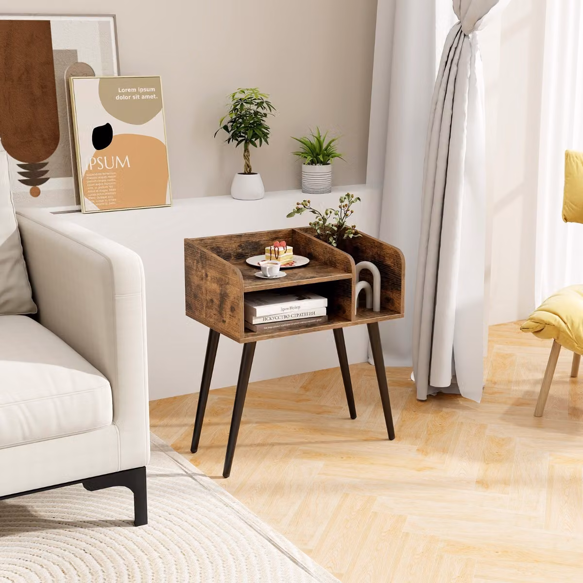 Comodino Costway in stile moderno con mensole aperte a 2 piani, Marrone rustico e Nero