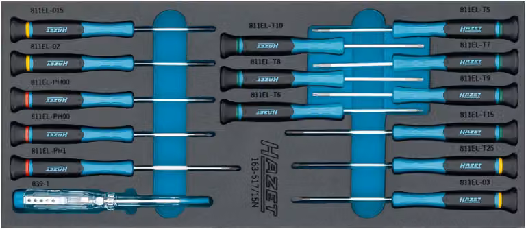 Set di cacciaviti per elettronica 163-517/15N: a taglio dritto, a croce (PH), a TORX interno – 15 pezzi: PH 00, PH 1, T5, T15