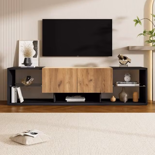 Mobile TV moderno REDOM con illuminazione LED integrata, finitura nero e effetto legno, con 2 cassetti, L 160 cm x P 40 cm x H 42 cm