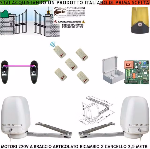 Motori Braccio Snodato Articolato 220 V 250 NM Apricancello Automatico Compasso Cancello 5 MT 2 Ante da 0,5 Fino a 2,5 Metri Centrale 5 Radiocomandi Fotocellule
