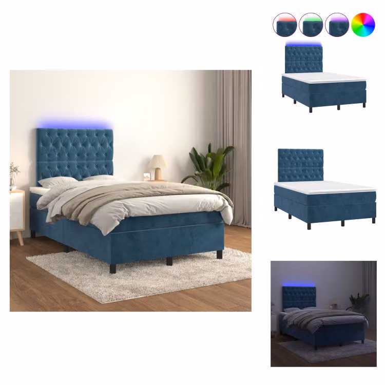 vidaXL Letto a molle con materasso e LED in velluto blu scuro 120x200 cm - Letti & strutture letto