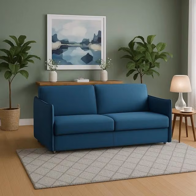 Divano fisso a 3 posti Severo DMORA in tessuto blu con coperture sfoderabili, Made in Italy, L: 200 cm, P: 95 cm, H: 45 cm – 1