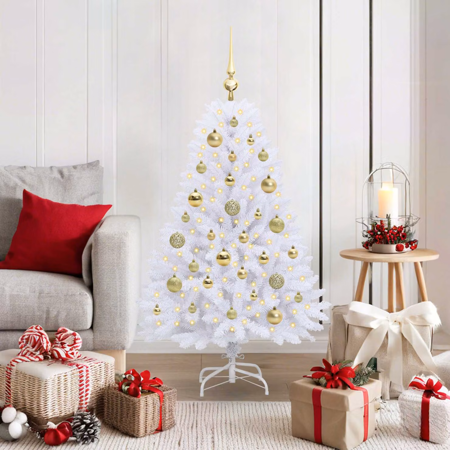 Albero di Natale Artificiale Moderno vidaXL con LED e Rami Pieghevoli in PVC e Metallo, Bianco, Altezza: 120 cm