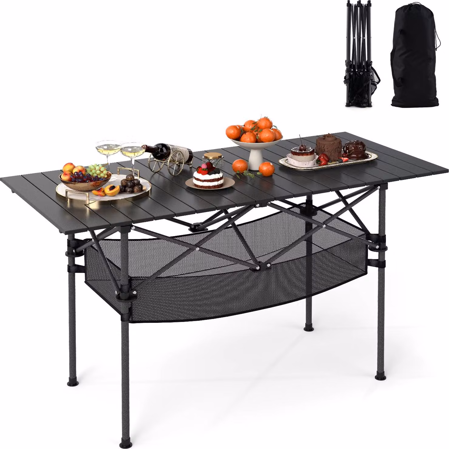 Tavolo pieghevole in alluminio KOMFOTTEU, tavolo da campeggio portatile con fasciatoio, cestino in rete e borsa per il trasporto, tavolo da picnic salvaspazio per campeggio, giardino, 119 x 55 x 69 cm (nero)