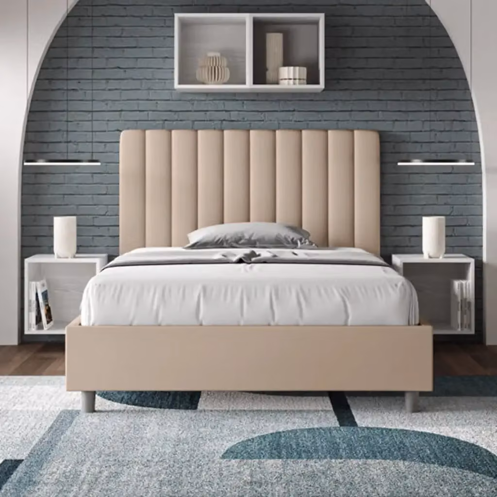 Letto una piazza e mezza Agueda Ityhome con contenitore imbottito in similpelle color beige L 122 cm x P 210 cm x H 135 cm – 2