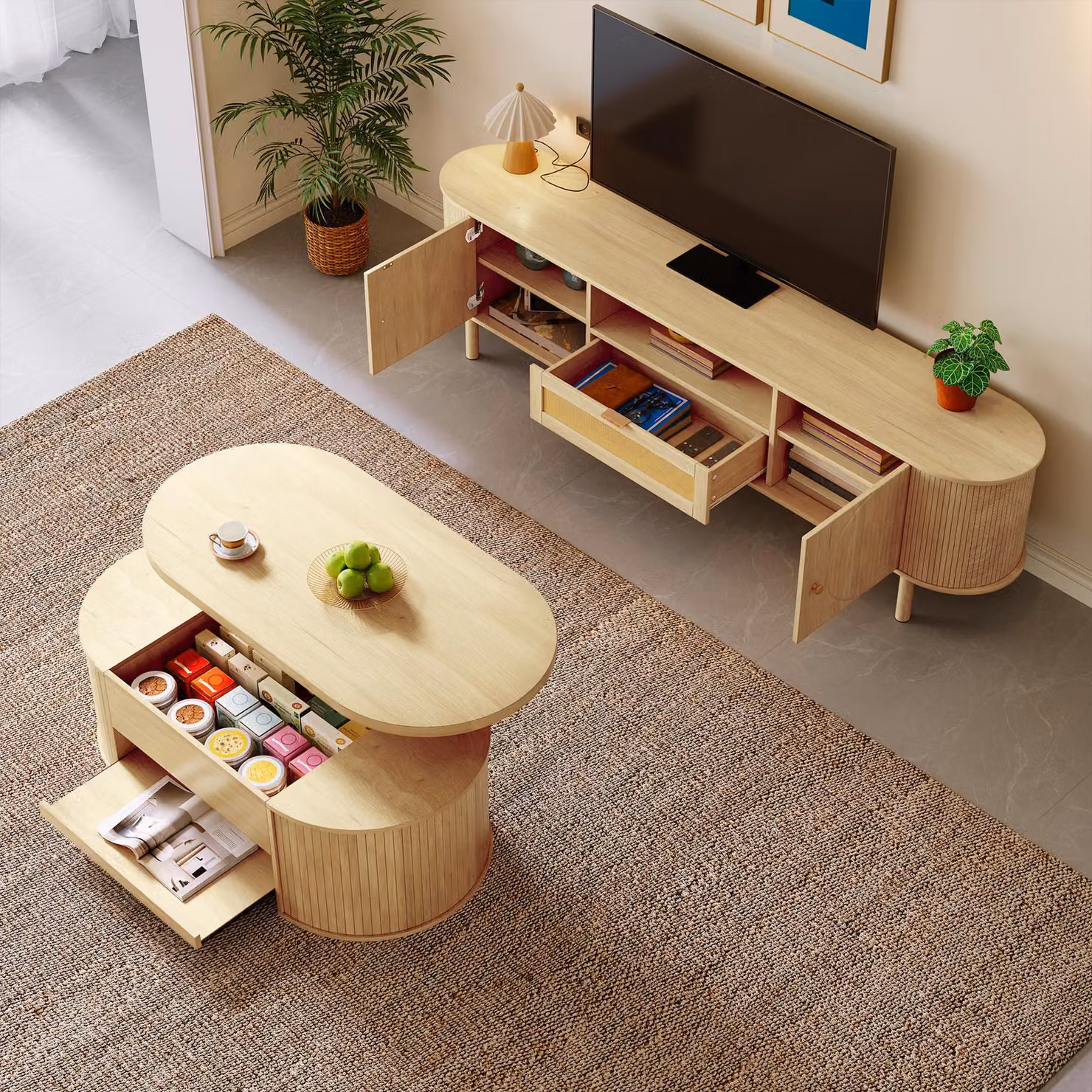 MODFU tavolino e mobile TV in rattan, set di mobili da soggiorno con bordi arrotondati, tavolo basso da soggiorno con vano portaoggetti, credenza TV e tavolino regolabile in altezza