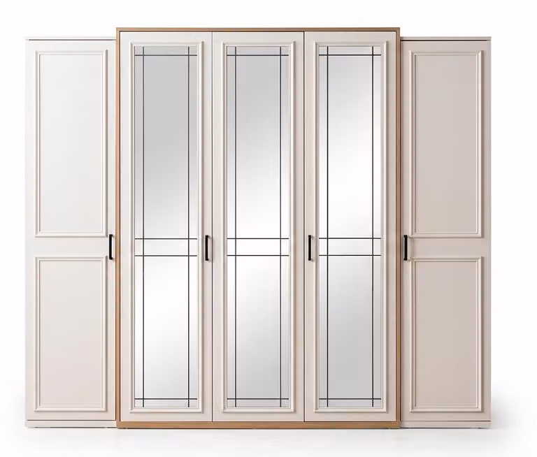 Armadio elegante a 5 ante con specchio, colore crema, stile classico