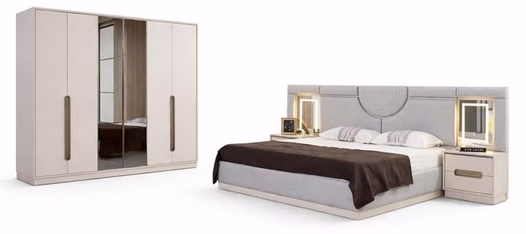 Set per camera da letto: letto, comodini, armadio, tavolino da trucco, mobili eleganti