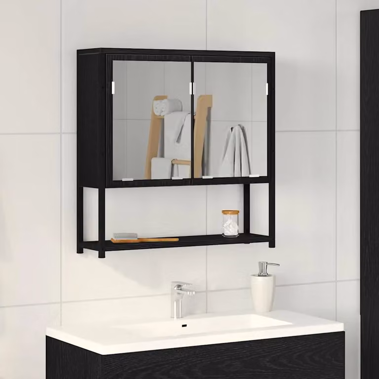 Mobiletto per specchio vidaXL Nero con ante in vetro e ripiani interni, sospeso a parete, L: 60 cm, P: 16 cm, H: 60 cm