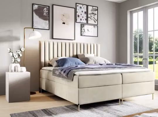 GUTTO letto a piastrelle JILL 180 x 200 cm con contenitore TOPPER 5cm libero velluto beige gambe alte dorate