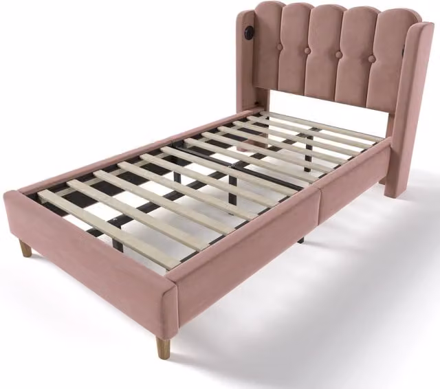 Letto Singolo Imbottito Rosa 90x200 cm con Funzione di Ricarica USB Tipo C e Rete a Doghe