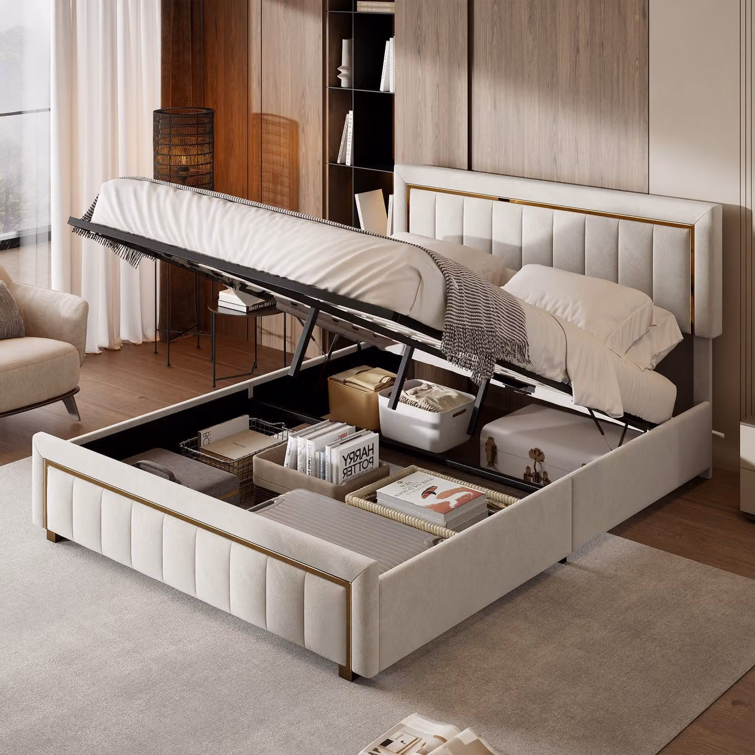 Letto imbottito Fortuna Lai 160x200cm, letto contenitore funzionale, letto matrimoniale, rete a sollevamento idraulico e rete a doghe, velluto, beige