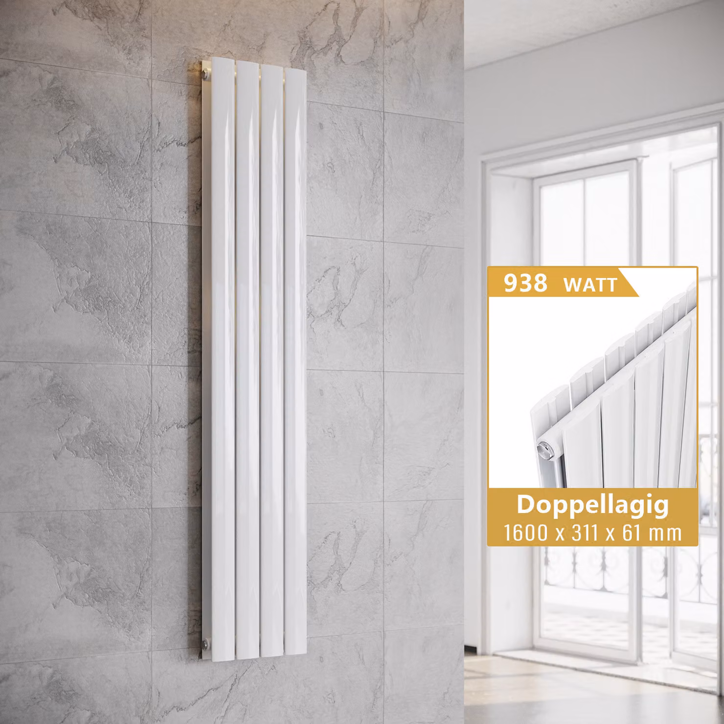 SONNI - Radiatore a pannello verticale, design moderno, a due strati, colore bianco, dimensioni 1600x311 mm, senza resistenza riscaldante