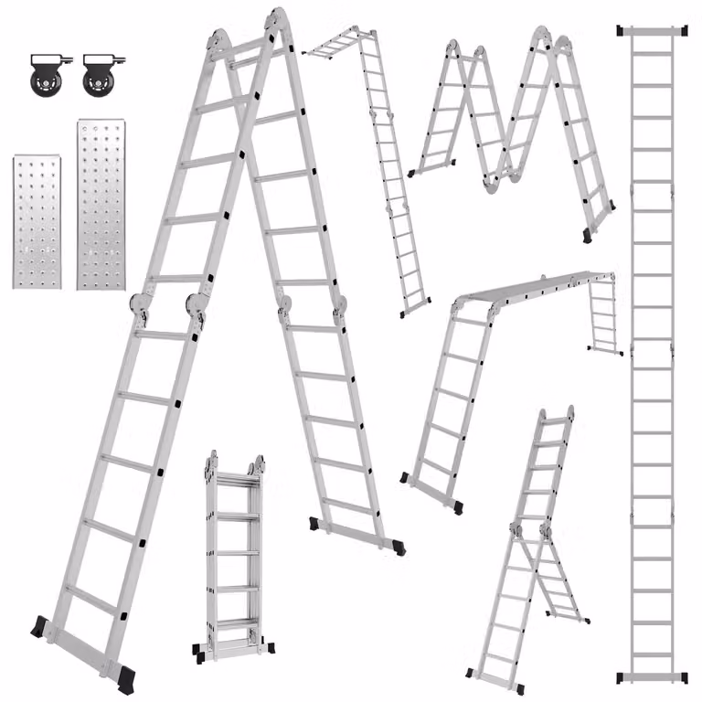 Scala multiuso in alluminio Ikodm 7in1, con 4x5 gradini, altezza circa 580 cm / 5,8 metri, scala pieghevole a pantografo con piattaforme, ruote e superficie antiscivolo, portata massima 150 kg