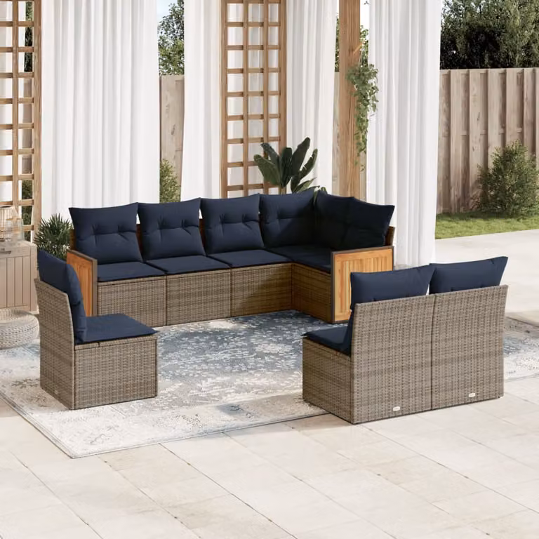 Set di divani da giardino vidaXL in polyrattan grigio con cuscini e struttura in legno di acacia, composizione a L per 8 persone