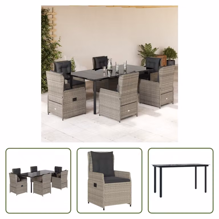 The Living Store Set da pranzo da giardino 7 pezzi con cuscini in poly rattan grigio chiaro