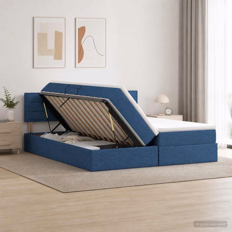 Letto con contenitore e 2 testiere vidaXL in pelle sintetica blu, L/P/H: 200 x 200 x 88 cm