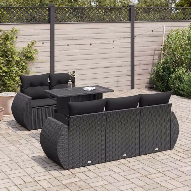Set Divano da Giardino vidaXL 6 pz in Polyrattan Nero con Cuscini e Tavolino da Esterno