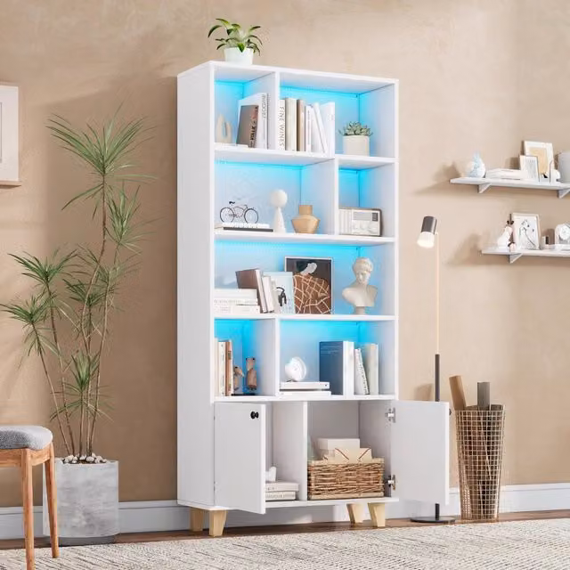 Libreria in MDF con 7 vani; armadietto a 2 ante e luce LED controllabile tramite app bianca 80 × 30 × 173 cm