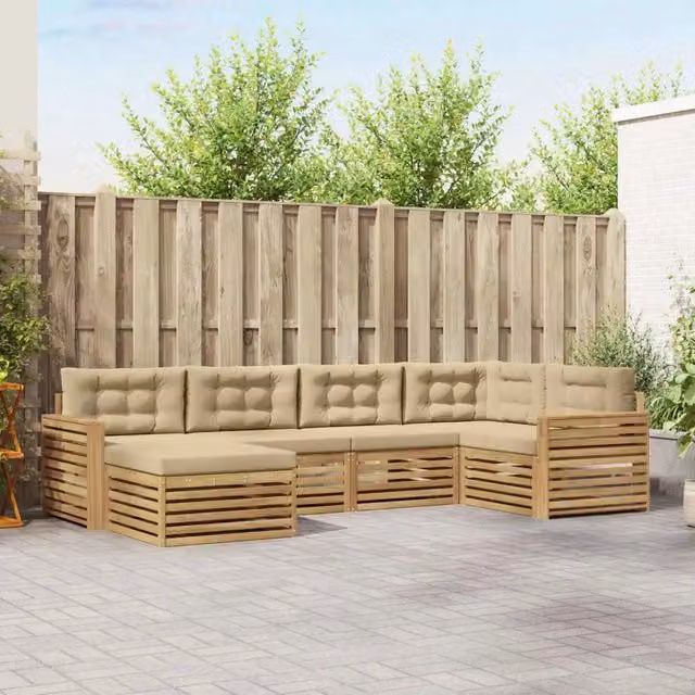 Set di divani da esterno a L vidaXL in legno di acacia con pouf e cuscini, Bianco e Beige – 1