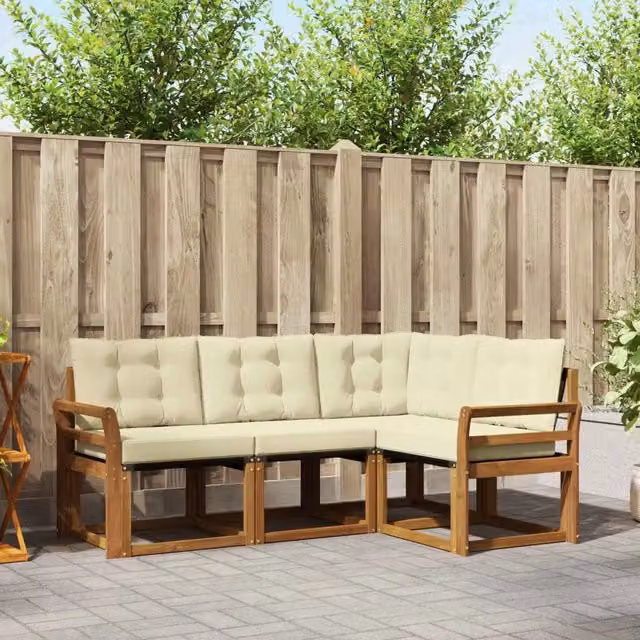 Set di divani da esterno a L vidaXL in legno di acacia con cuscini beige e bianco