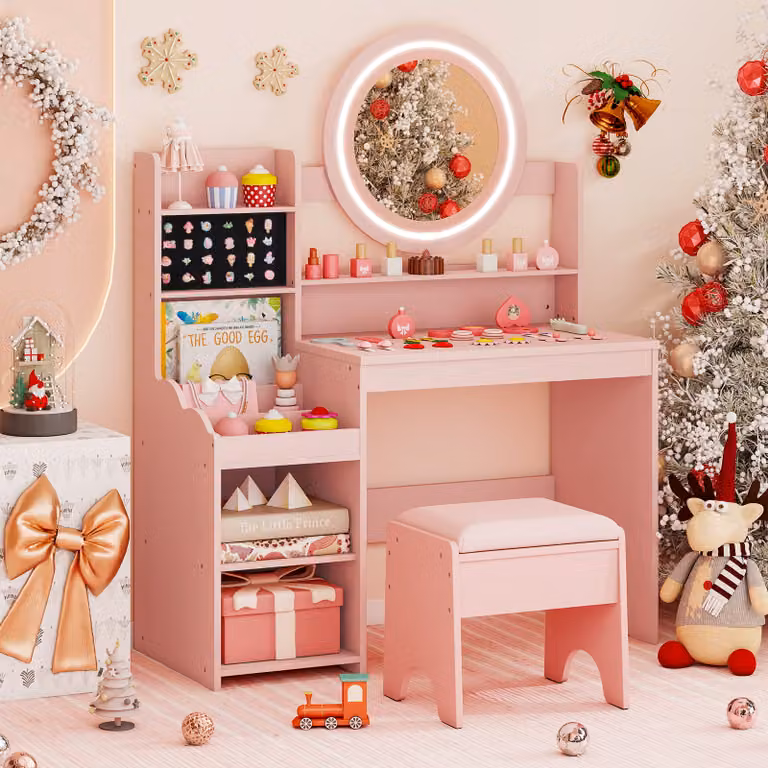 Costway Scrivania da trucco per bambini con specchio Hollywood LED e sgabello imbottito Rosa