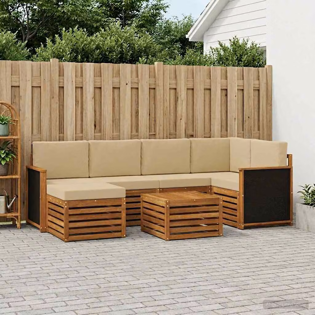 Set di divani da esterno vidaXL a forma di L in legno di acacia con tavolino e pouf, colore beige e marrone