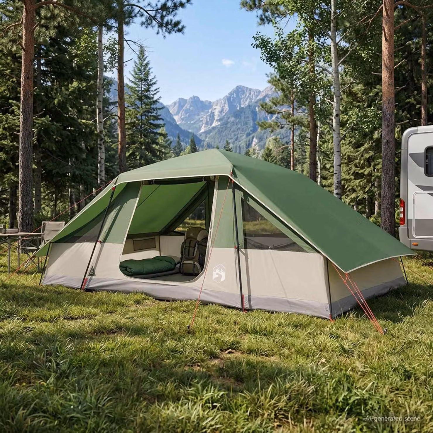 Tenda familiare vidaXL verde con telo da pioggia impermeabile in poliestere e acciaio