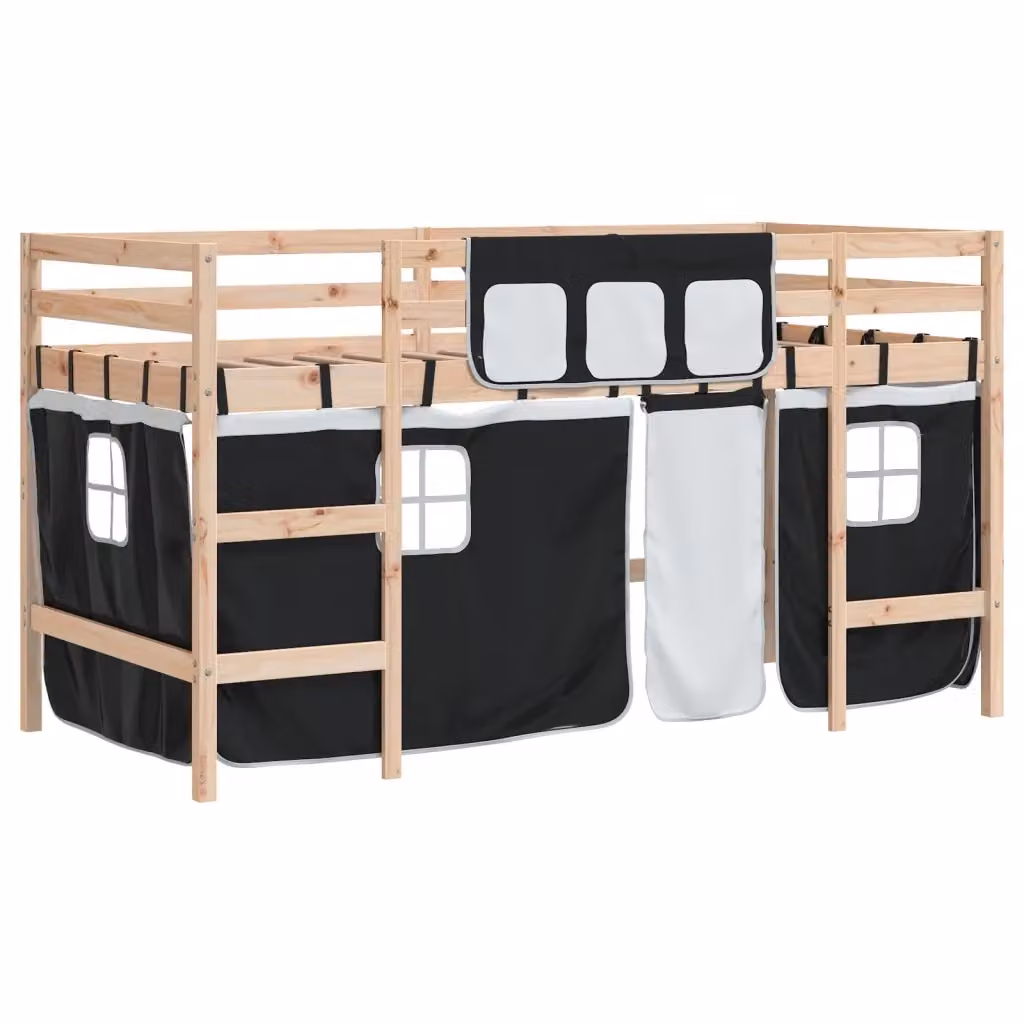 vidaXL Letto a Soppalco per Bambini in Legno di Pino con Tende, Bianco e Nero, L/P/H: 205.5 x 80 x 113.5 cm – 2