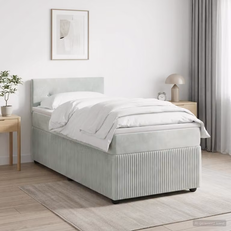 Letto box spring vidaXL con materasso ibrido in tessuto grigio e bianco, dotato di illuminazione sottostante e porta USB, L/P: 90 x 200 cm