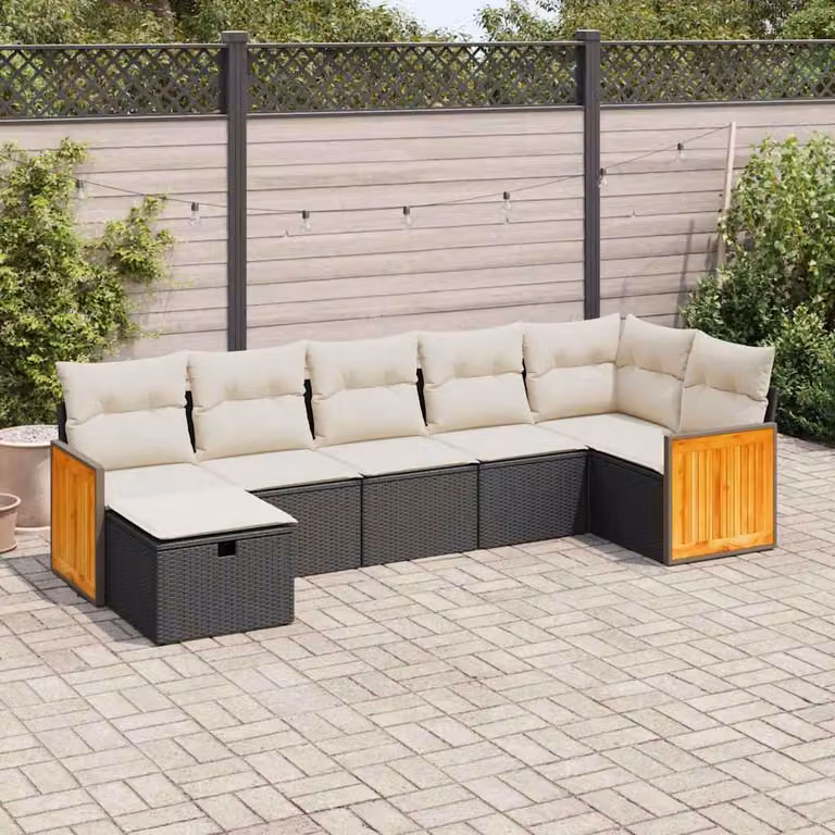 Set Divani da Giardino a L vidaXL con Cuscini e Ottoman, 7 Pezzi, Polyrattan e Acciaio, Nero