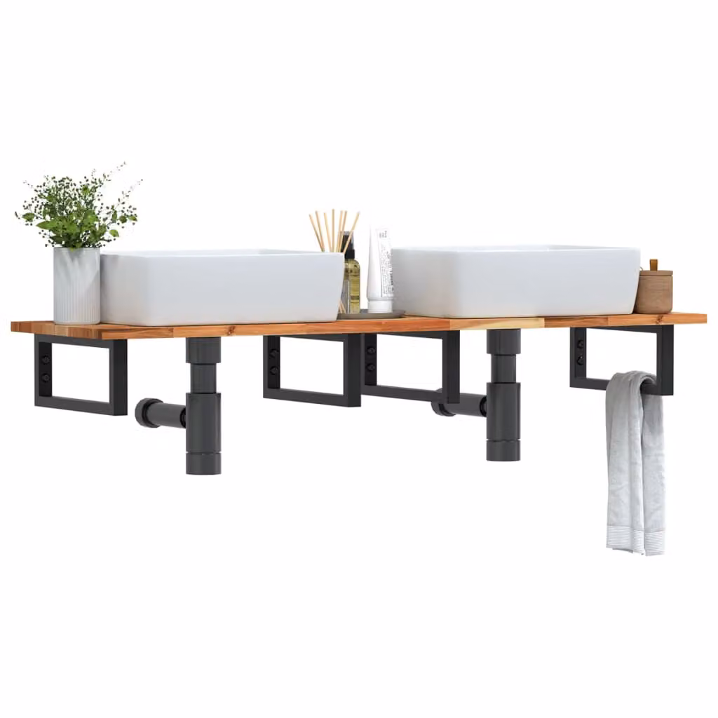 vidaXL Ripiano a Parete per Lavabo in Accacia e Acciaio, Nero e Marrone, L: 40 cm, P: 17 cm, H: 40 cm