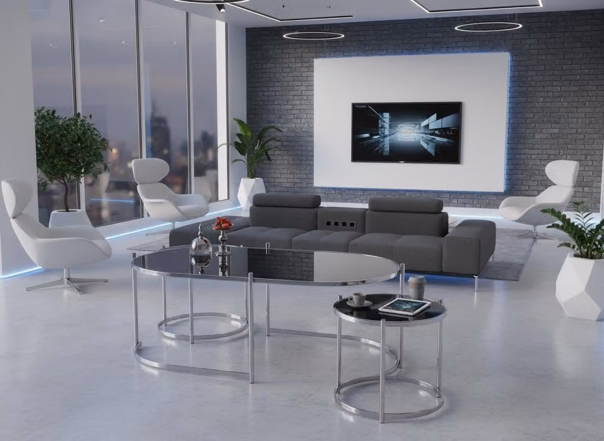 Tavolino da salotto moderno, minimalista, grigio, elegante, di classe e confortevole